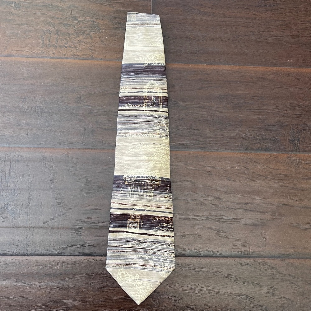 Structure Neck Tie In Ivory, Blue and Brown Rome Pillar Design 100% Silk USA